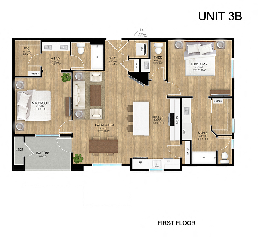 Floor plan for 2 beds, 2.5 baths, 1098 sqft